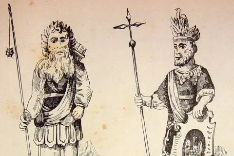 Gog i Magog, dwaj wojownicy w starożytnych strojach, jeden z łukiem i maczugą, drugi z berłem i tarczą.