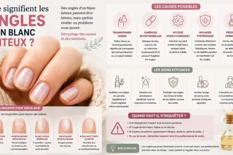 Ongles d'un blanc laiteux : causes possibles (traumatismes, carences, mycoses, maladies, produits chimiques) et soins.