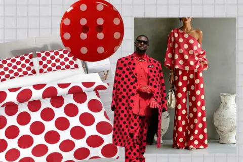 A bold red and white polka dot theme, from bedding to fashion, showcasing the playful polka dot meaning.