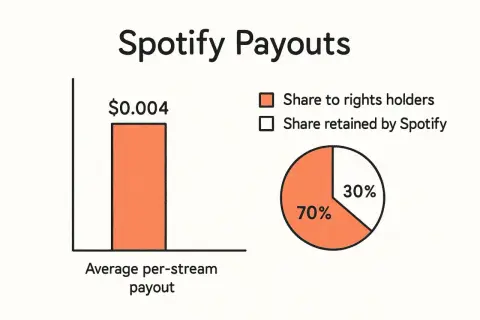 Bar chart shows average per-stream payout is $0.004. Pie chart shows 70% goes to rights holders, 30% to Spotify.