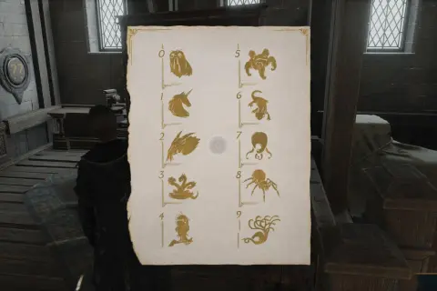 Rozwiązujesz zagadkę w Hogwarts Legacy, analizując symbole stworzeń od 0 do 9.