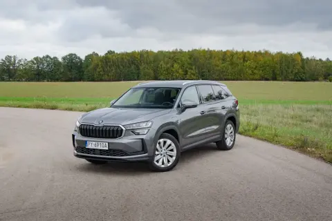 Szary Skoda Kodiaq hybryda na tle jesiennego krajobrazu.