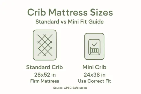 Comparison of crib mattress sizes: standard crib 28x52 in firm mattress vs. mini crib 24x38 in.