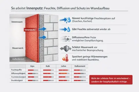 Vergleich verschiedener innenputz arten: Gips, Kalk, Lehm, Kalkzement. Die Grafik zeigt deren Eigenschaften wie Feuchtepuffer, Diffusion, Feuchtebeständigkeit und Druckfestigkeit.