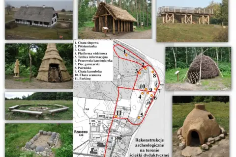 Park kulturowy Osada Łowców Fok w Rzucewie: rekonstrukcje chat, grobu, paleniska, pieca garncarskiego i platformy widokowej.
