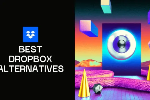 Discover the best encrypted Dropbox alternatives. Explore secure cloud storage options with this vibrant, abstract graphic featuring geometric shapes and a retro-futuristic landscape.