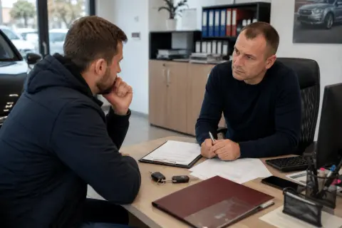 Dwóch mężczyzn przy biurku omawia dokumenty. Na stole leżą kluczyki do auta, co sugeruje zwrot samochodu po zakupie lub finalizację transakcji.