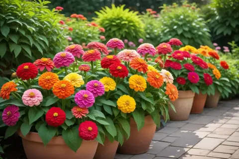 En rad krukor fyllda med färgglada zinnia i olika nyanser av rosa, rött, orange och gult. Det är svårt att säga exakt hur många zinnia i en kruka, men de är tätt planterade.