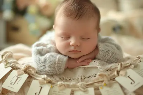 Un bébé endormi, le visage posé sur ses mains, porte un pull en maille. Des étiquettes avec la lettre "J" décorent le bord, suggérant un prénom en J.