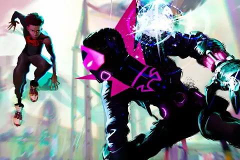 Miles Morales kämpft gegen einen bedrohlichen Gegner im Stil von "Spider-Man: Beyond the Spider-Verse".