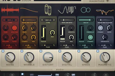 RC-20 Retro Color VST plugin interface, offering tape saturation effects with controls for vinyl, wow, flutter, decay, and more.