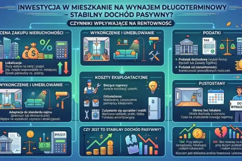 Inwestowanie w nieruchomości na wynajem długoterminowy. Schemat pokazuje czynniki wpływające na rentowność: cenę zakupu, wykończenie, koszty, podatki i pustostany.