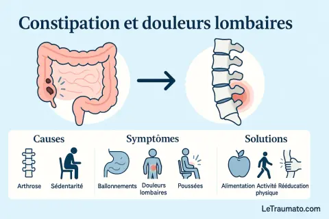 Illustration montrant le lien entre constipation et douleurs lombaires. Causes : arthrose, sédentarité. Symptômes : ballonnements, douleurs lombaires, poussées. Solutions : alimentation, activité physique, rééducation.