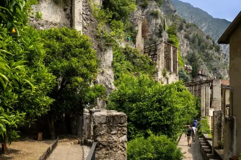 Sentiero tra alberi di agrumi e rovine, con la roccia a picco e la vista sulla limonaia del castel.