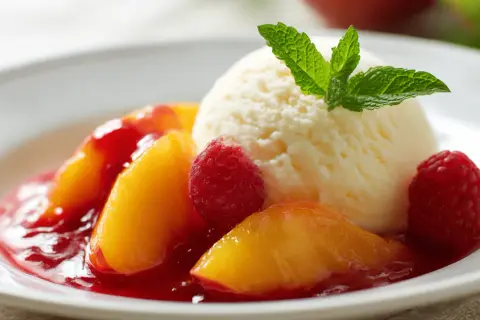 Ein klassischer Pfirsich Melba: Pfirsichspalten in rotem Beerensirup, garniert mit einer Kugel Vanilleeis, frischen Himbeeren und Minze.
