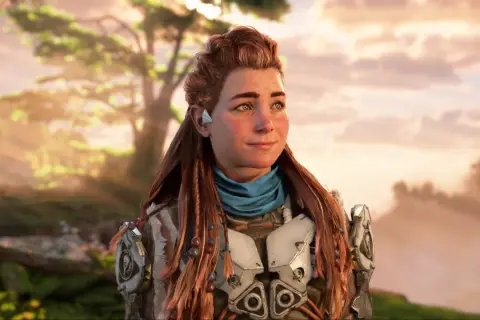 Aloy z Horizon 3 kiedyś wyruszy na nową przygodę. W tle zachód słońca i bujna roślinność.