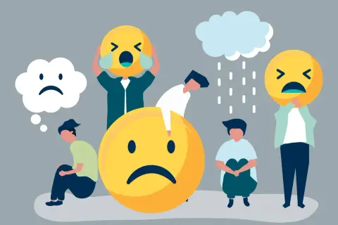 Ludzie z wielkimi, smutnymi emotikonami symbolizują trudności w opanowaniu emocji. Deszcz i chmury podkreślają przygnębienie.