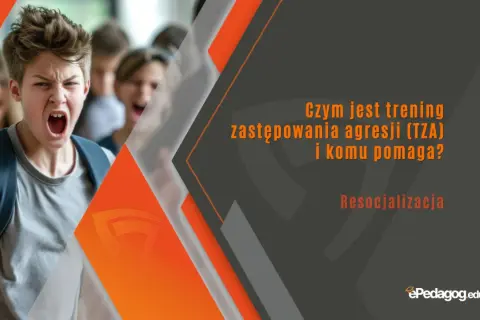 Chłopiec krzyczy, a obok niego inni uczniowie. Grafika promuje trening zastępowania agresji (TZA) i resocjalizację.