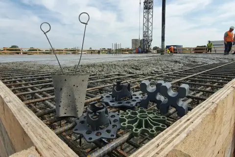Na budowie widać zbrojenie i świeży beton. Na pierwszym planie leżą podkładki pod zbrojenie, które zapewnią odpowiednią grubość otuliny betonowej.