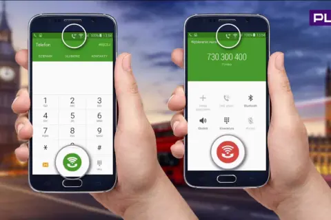 Dwa telefony z ikoną wifi calling play. Jeden pokazuje klawiaturę, drugi numer do wykręcenia.