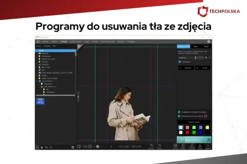 Program do szparowania zdjęć, usuwający tło. Kobieta w płaszczu czyta książkę na ciemnym tle.