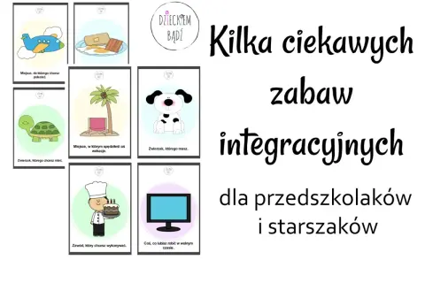Karty z propozycjami zabaw integracyjnych w przedszkolu: samolot, śniadanie, żółw, plaża, pies, kucharz, telewizor.