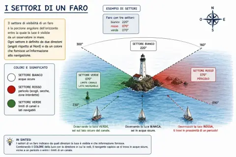 Schema che illustra i settori di visibilità di un faro, con la tabella delle frequenze radio dei colori (bianco, rosso, verde) e il loro significato per la navigazione.