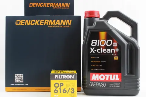 Kanister oleju Motul 5W30 5L, filtr oleju Filtron OP 616/3 i opakowania Denckermann.