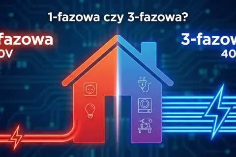 Dom podzielony na 1-fazową (230V) i 3-fazową (400V) instalację elektryczną. Wybór zależy od potrzeb.