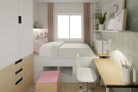 Clever 4 qm zimmer einrichten: Bett mit Stauraum, Schreibtisch, Schrank und Regal schaffen Platz.