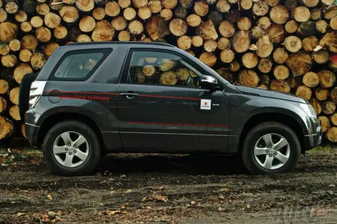 Suzuki Grand Vitara wymiary: ciemnoszary SUV testowy na tle stosu drewna.