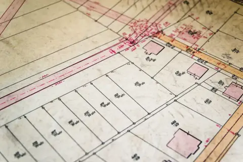 Mapa działek z zaznaczonymi budynkami i numerami. Można tu znaleźć numer księgi wieczystej po adresie.