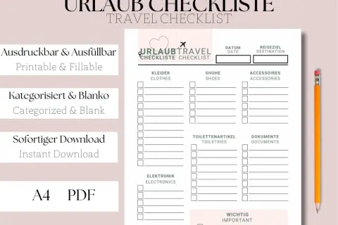 Eine druckbare und ausfüllbare Urlaub Checkliste zum Abhaken. Kategorisiert und blanko, mit Feldern für Kleider, Schuhe, Accessoires, Toilettenartikel, Elektronik, Dokumente und Wichtiges.