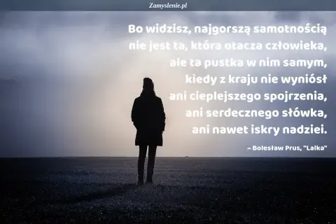Samotna postać na pustkowiu, symbol typ samotnika. Cytat o pustce wewnętrznej.