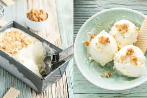 Erfrischendes zitroneneis selber machen: cremiges Eis in einer Form und Kugeln in einer Schale, garniert mit Krümeln und Waffeln.