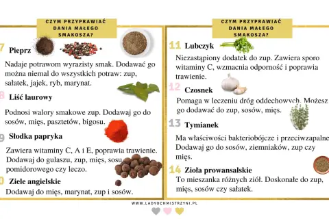 Jakie przyprawy dla niemowlaka? Pieprz, liść laurowy, papryka, ziele angielskie, lubczyk, czosnek, tymianek, zioła prowansalskie.