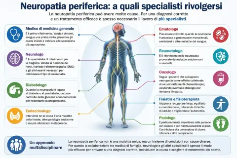 Schema che illustra i vari specialisti per la neuropatia periferica, evidenziando il ruolo del neurologo nella diagnosi.