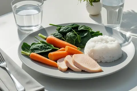 Łagodny posiłek na talerzu: gotowany kurczak, ryż, marchewka i szpinak. Idealny jadłospis dieta wrzodowa.