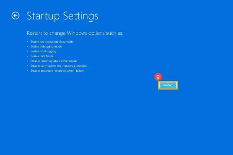 Ekran "Ustawienia uruchamiania" w Windows 11. Możliwość wejścia w tryb awaryjny lub inne opcje.