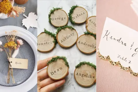 Trois styles de marque place fait maison : bouquet séché sur assiette, rondins de bois décorés de mousse, et carte élégante pailletée.