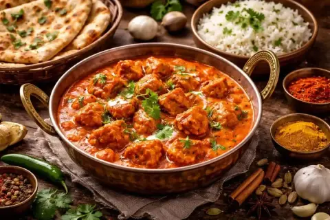 En härlig indisk sås med köttbullar i en koppartunna, serverad med naanbröd och ris. Kryddor som gurkmeja och chili syns bredvid.