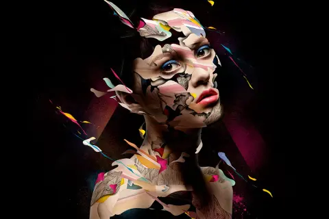 Visage fragmenté, éclats de couleurs vives et textures complexes, dans le style d'Alberto Seveso.