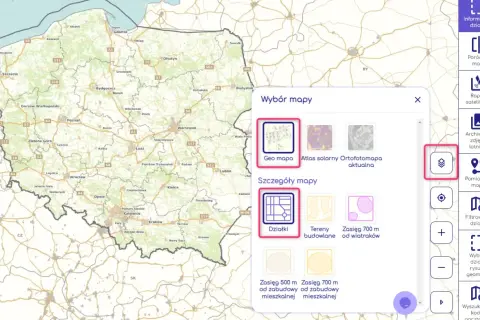 Jak sprawdzić czy budynek jest naniesiony na mapę? Wybierz "Geo mapa" lub "Działki" w oknie "Wybór mapy", by zobaczyć szczegóły terenu.