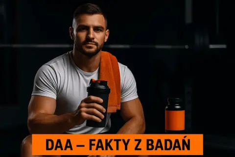 Mężczyzna z shakerem i suplementem. Kwas d-asparaginowy (DAA) wspiera budowanie masy mięśniowej.