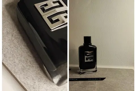 Elegancka, czarna butelka perfum Givenchy Gentleman Society z charakterystycznym, srebrnym logo.