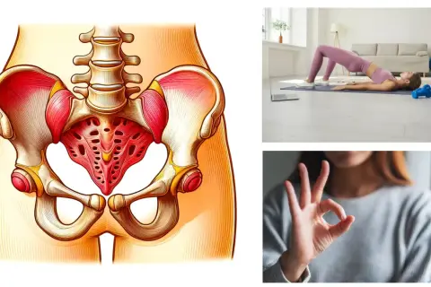 Illustrazione anatomica del bacino e del pavimento pelvico, donna che fa esercizio a casa, mano che fa il gesto OK.
