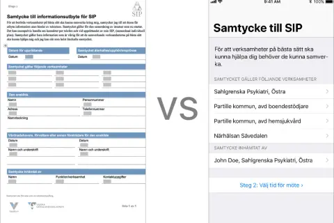 Samtycke till informationsutbyte för SIP, en samordnad individuell plan, visas på papper och mobil.