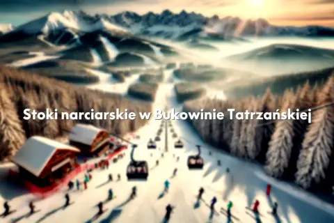 Widok na stoki narciarskie w Bukowinie Tatrzańskiej. Narciarze szusują po ośnieżonych trasach, a kolejki linowe wwożą ich na szczyt.