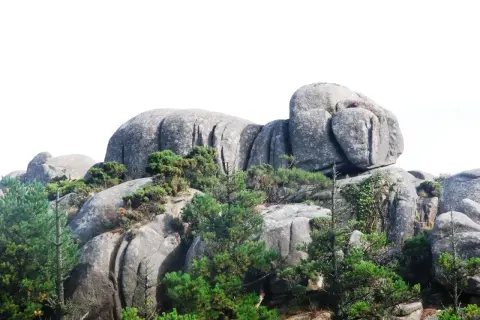 Enormes rocas de granito, los penedos de pasarela e traba, se alzan entre pinos y vegetación, con un cielo blanco de fondo.