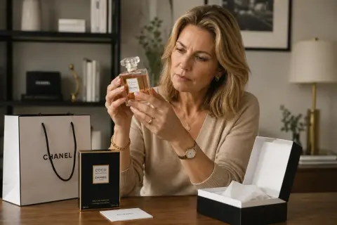 Kobieta sprawdza, jak sprawdzić czy perfumy są oryginalne, trzymając flakonik Chanel Coco Mademoiselle. Obok pudełko i torba.